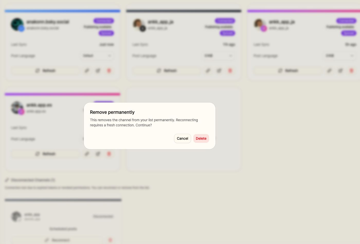Permanent removal confirmation dialog for a disconnected channel
